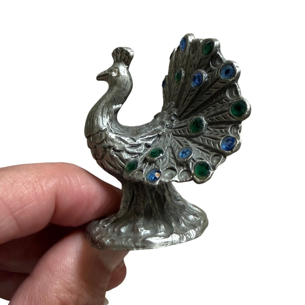 Vintage Pewter Peacock Figurine Miniature Blue Green Rhinestone Jewel Tail - Picture 5 of 13